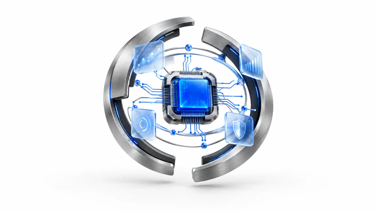 Futuristic blue intelligence core inside a precision silver protective chassis