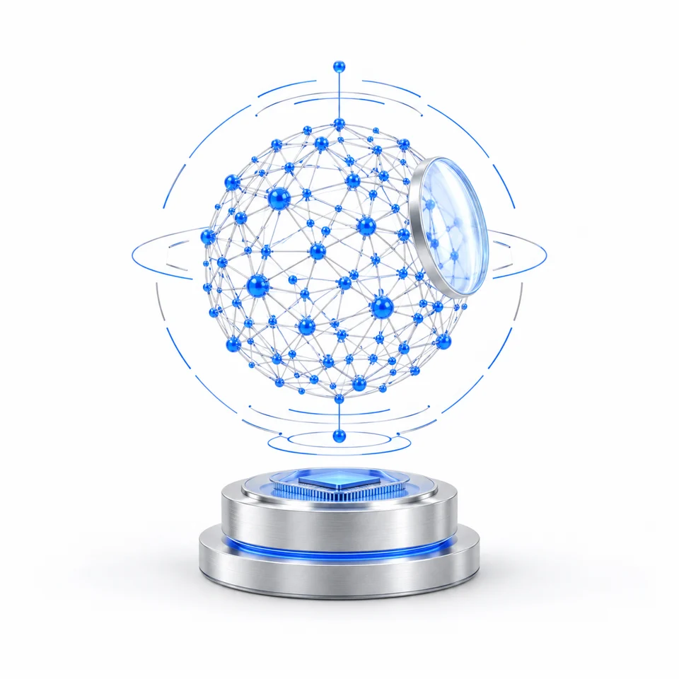 Blue neural network mapping patterns around a precision AI processor